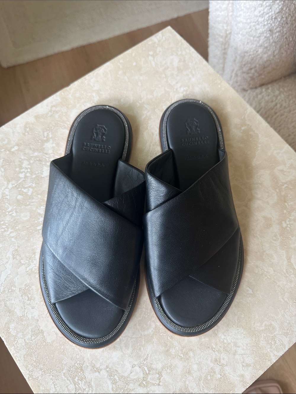 Brunello Cucinelli Black Leather Crisscross Slide Sandals sz 37